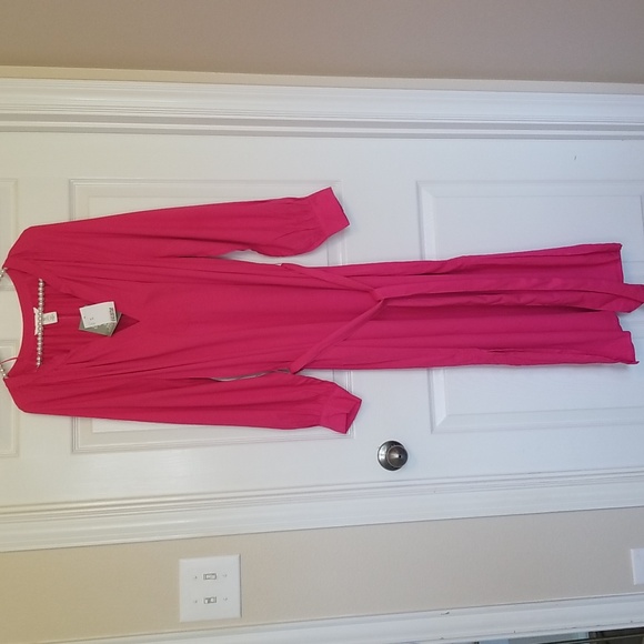 H&M Linen Tie Belt Midi Pink Long Puff Sleeve V Neck Dress Size Extra La… - Picture 4 of 12